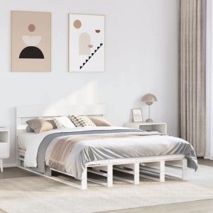 VidaXL Cadre de lit avec t&ecirc;te de lit blanc 160x200 cm bois pin massif, lit, meuble de chambre &agrave; coucher, lit en bois, lit double, cadre de lit en bois
