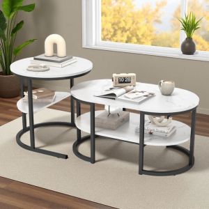 Set de 2 tables basses - Style moderne - Plateau marbre blanc - Structure m&eacute;tallique noire - Design &eacute;l&eacute;gant