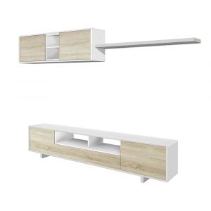 Paroi am&eacute;nag&eacute;e Dfantin, Meuble t&eacute;l&eacute; pour le salon, Composition d'ensemble de salon, Ensemble de salon avec meuble haut, 260x41h46 cm, Blanc brillant