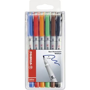 Stabilo 853/6 - Etui de 6 feutres OHPen universal soluble, pointe M, encre 6 coul., coloris blanc/assortis