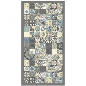 Tapis vinyle carreaux ciments cuisine bleu 60x110cm