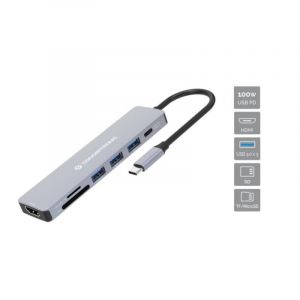 Conceptronic DONN19G Hub USB 3.2 Type-C 100 W Gris Lecteur de Cartes MicroSD