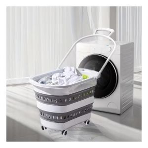 Panier Corbeille &agrave; linge retractable et pliable avec roulettes - 45 litres - Blanc Gris