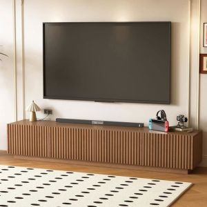 Meuble TV pour &eacute;cran 75", rangement noyer, sur pieds,220 cm