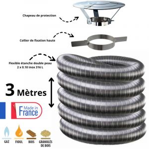 Edilinox - Kit tubage flexible double peau inox diam&egrave;tre 130 + collier + chapeau Longueur du conduit 3 m&egrave;tres