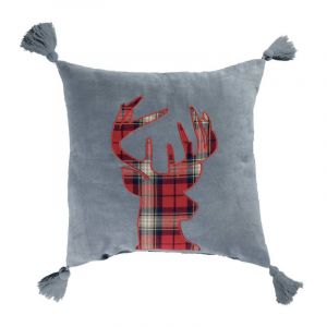 Image de Coussin Déco à Pompons "Scottish" 40x40cm Gris