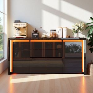 Buffet - Meuble TV Noir Laqu&eacute; 160cm - LED 7 Couleurs - 4 Portes - 2 Tiroirs - Design Contemporain