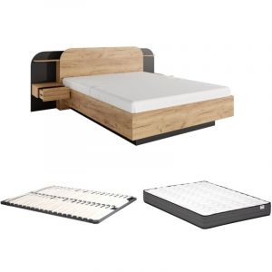 Lit avec chevets 160 x 200 cm - Avec LEDs - Coloris : Naturel et noir + Sommier + Matelas - JUVISIA