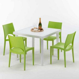 Grand Soleil Table carrée et 4 chaises Poly rotin resine colorées 90x90 blanc | Paris Vert