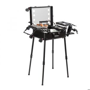 VEVOR Mallette de Maquillage avec Serrure, Miroir, 4 Plateaux de Rangement, Porte-pinceaux, Trousse Valise Boîte de Rangement Cosmétiques à Roulettes Pivotantes 360° sur Pied pour Studio d'Artiste Pro