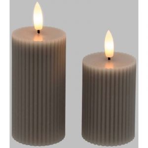 Lotti Lot de 2 Bougies striées LED Cylindriques Cire Gris taupe flamme 3D On-Off Timer