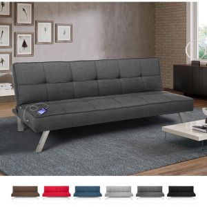 Modus Sofà Canapé lit en tissu avec port USB et pieds en métal AstraLIS design, Couleur: Gris
