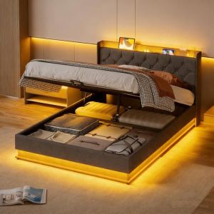 Lit coffre 140 x 200 cm Bealife avec T&ecirc;te de Lit Coffre Capteur de Veilleuse Sommier Hydraulique Cadre de Lit &agrave; Lattes et Structure M&eacute;tallique 2