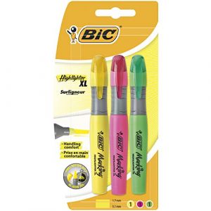 Bic Highlighter XL Surligneurs Pointe Biseaut&eacute;e - Couleurs Assorties, Blister de 3
