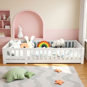 Image de Lit au Sol Enfant Lit Bébé 90x200cm Bois de Pin Massif Barrière Anti-Chute Certifié EN747 Blanc Design Moderne Sécurité Enfant