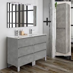 Ensemble meuble de salle de bain 120cm double vasque + colonne de rangement - ciment (gris) - TIRIS