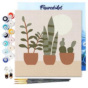 Figured'Art Mini Peinture par Numéro Adulte 20x20cm avec cadre Plantes grasses - Petit Format Kit de Loisir Créatif DIY Numéro d'Art Complet