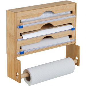 Relaxdays Distributeur papier aluminium et film alimentaire, porte-rouleaux mural, bambou, HxLxP 31 x 36 x 10 cm, nature