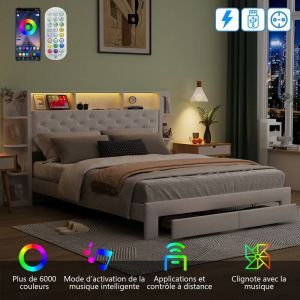 Blanketswarm - Lit 140x200 avec 2 Tiroirs, Lit Capitonné avec éclairage led Réglable, Lit Rembourré avec usb, Lit pour 2 Personnes Adultes, Tête de