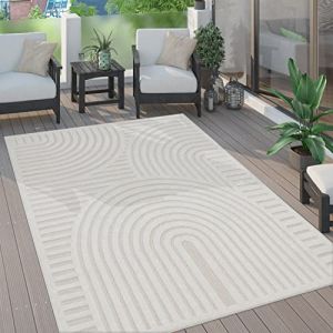 Paco Home Tapis Exterieur Terrasse Salon Cuisine 3D Uni Motif Geometrique Moderne Crème 200 cm rond