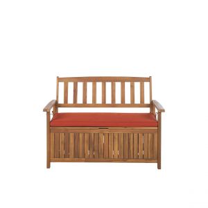 Beliani Banc de jardin en bois 120 cm avec rangement et coussin rouge foncé SOVANA - marron