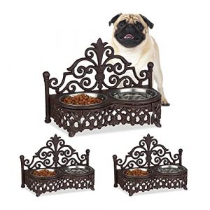 Relaxdays Gamelles chiens, lot de 3, style antique, double écuelle, antiquités, fonte fer forgé, 4 bols inox, 0,3 litre, marron