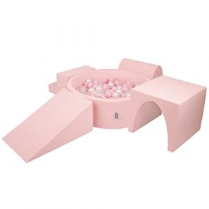 Aire De Jeux En Mousse Avec Rond Piscine &agrave; Balles (300 Balles) Pour Enfants, Rose:Rose Poudre/Perle/Transparent - rose:rose poudre/perle/transparent