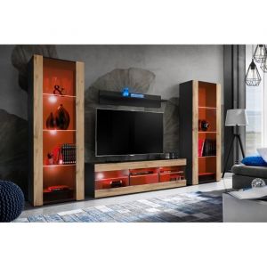 Ensembles de meubles Tivoli Grande, Noir/Wotan, Largeur 290cm x Hauteur 159cm x Profondeur 35cm, led rgb, pour Salon, Chambre - Komodee