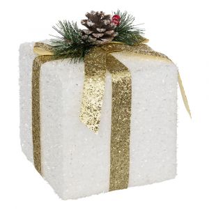 Déco de Noël Paquet Cadeau Blanc et Doré 15 x 15 x 20 cm