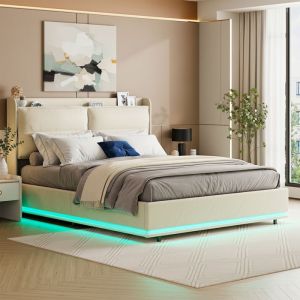 Lit coffre 140x190 - POCKETPOP - Velours blanc cass&eacute; - LED RVB et ports USB - Cadre de Lit avec Sommier &agrave; Lattes en Bois - 2 places