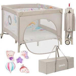 Lionelo Mille Plus Lit 2 en 1 de Voyage et Parc pour bébés Jusqu’à 15 kg, 0–36 Mois, entrée latérale, Matelas 3D, 2 Roues avec Frein, Pliage Facile, Sac de Transport (Beige)