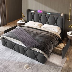 Wishdor - Lit 160x200 cm avec tiroir, lit capitonn&eacute;, cadre de lit avec 4 tiroirs et chargement usb, sommier &agrave; lattes en bois, gris, sans matelas