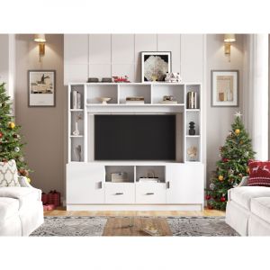 Meuble TV 180 x 35 x 170 cm, ensemble mural 5 pi&egrave;ces (2 armoires, 2 tiroirs, 11 niches), panneaux de particules, blanc
