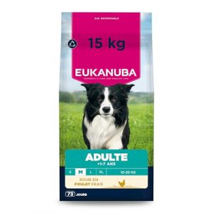 Eukanuba Life Care Croquettes Chien Adulte Moyenne Race 1 à 7 Ans, Riche en Poulet Frais, Maintient d’Un Poids Optimal, L-Carnitine, Oméga 3&6, FOS, sans colorants, arômes artificiels ni OGM – 15 kg