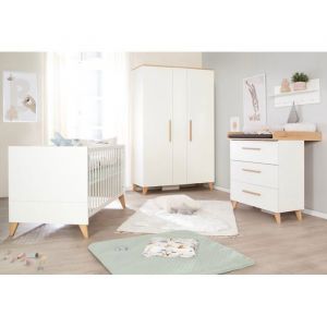 Roba Chambre B&eacute;b&eacute; Compl&egrave;te &Eacute;volutive - Leon - Lit 70x140 + Commode &Agrave; Langer + Armoire 2 Portes - Blanc - Ch&ecirc;ne