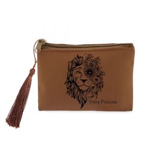 Porte Monnaie et cles Marron Lion Fleur Jungle Personnalisable