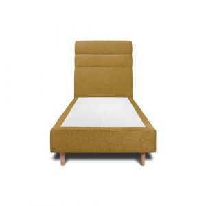 Lit 90x190cm avec t&ecirc;te de lit lignes tissu et sommier tapissier jaune - Sommeil de plomb