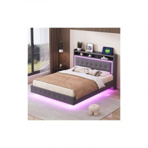Wishdor - Lit adulte 140x200cm, lit capitonn&eacute; avec port usb, &eacute;clairage led, t&ecirc;te de lit ouverte avec rangement, pieds cach&eacute;s, sans matelas, tissu