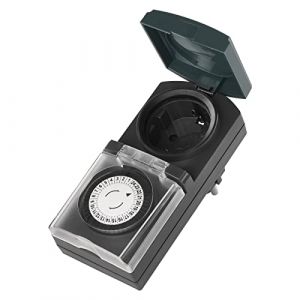 EMOS Minuterie m&eacute;canique d'ext&eacute;rieur IP44 Prise Schuko pour l'ext&eacute;rieur avec s&eacute;curit&eacute; Enfant, Couvercle &agrave; charni&egrave;re, Bouton Rotatif Noir