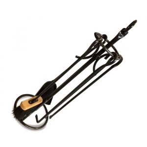 Image de Kibros Serviteur chemin&eacute;e acier avec anneau sup&eacute;rieur - 4 accessoires - Socle + pelle + balayette + tisonnier + pince 4SC0033