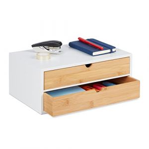 Relaxdays Boîte à tiroirs, bambou et MDF, mini-commode 2 compartiments, HxLxP : 14x33x21 cm, organiseur, nature/blanc