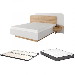 Lit avec chevets 160 x 200 cm - Avec LEDs - Coloris : Naturel et blanc + Sommier + Matelas - DESADO