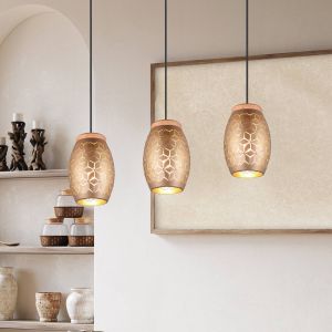 Reality Leuchten Reality Suspension Bidar R31573065, m&eacute;tal couleur caf&eacute;/or, bois naturel, sauf 3x E27