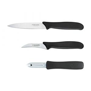 Fiskars Set d'&Eacute;pluchage, 3 Pi&egrave;ces: Couteau &agrave; &Eacute;plucher (11 cm), Couteau &agrave; L&eacute;gumes (7 cm), &Eacute;conome/&Eacute;plucheur (7 cm), Essential, Acier Inoxydable/Plastique PP, Noir, 1065600