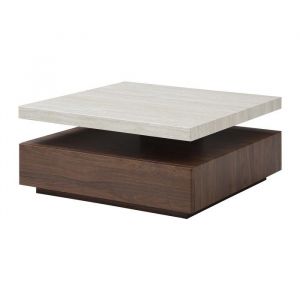 Table basse pivotante avec 1 tiroir en MDF - Effet travertin et naturel fonc&eacute; - KYRIA