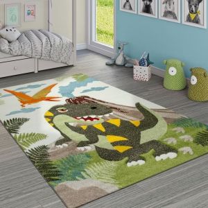 Paco Home - Tapis Chambre Enfant Adorable Dinosaures Jungle Volcan Effet 3-D Poils Ras Vert 120x170 cm