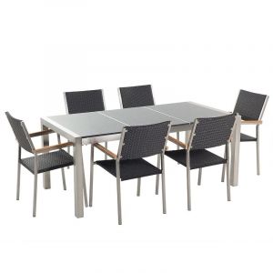 Table de jardin en plateau granit gris poli 180 cm et 6 chaises en rotin GROSSETO - BELIANI