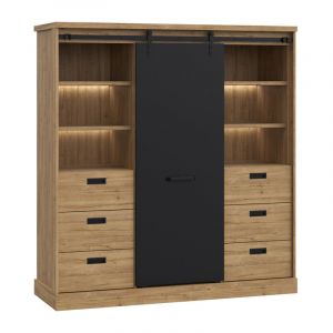 Vaisselier 1 porte 6 tiroirs d&eacute;cor ch&ecirc;ne et noir &eacute;clairage LED - FARM