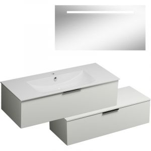 Meuble salle de bain vasque BURGBAD Olena 90 cm en décalé blanc brillant + miroir
