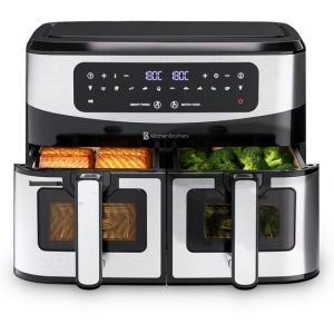 KitchenBrothers Double Airfryer - 2400W - Dual Zone - 9L - Friteuse &agrave; air chaud - Airfryer XXL - 2 x 4.5L - 10 Programmes de cuisson - inox/noir